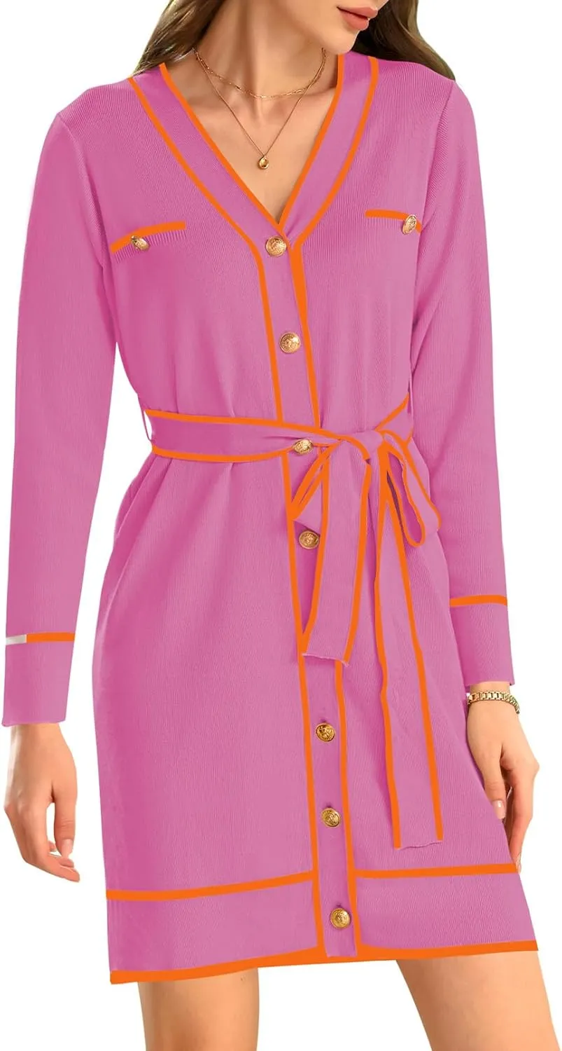 Pink Queen Women's Long Sleeve Button Down Mini Dress Elegant V Neck Open Front Color Block Knit Sweater Cardiagns with Belt
