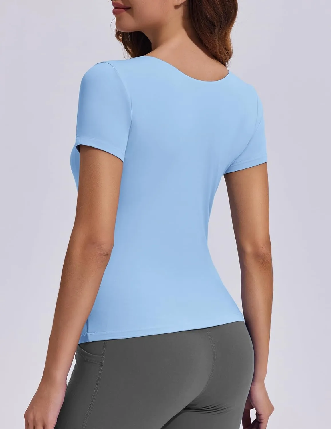 PINSPARK Workout Tops for Women Double Lined Crew Neck Athletic T-Shirts Short Sleeve Tight Basic Tee for Yoga Gym Casual
