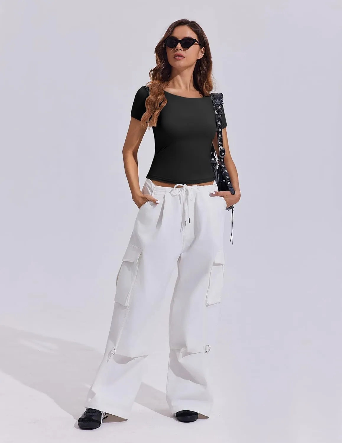 PINSPARK Workout Tops for Women Double Lined Crew Neck Athletic T-Shirts Short Sleeve Tight Basic Tee for Yoga Gym Casual