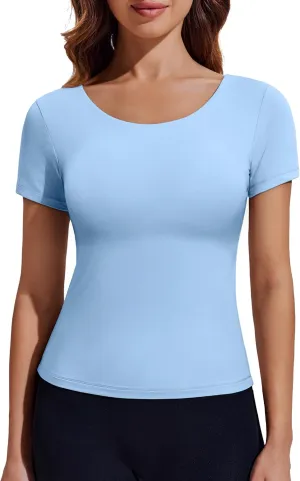 PINSPARK Workout Tops for Women Double Lined Crew Neck Athletic T-Shirts Short Sleeve Tight Basic Tee for Yoga Gym Casual