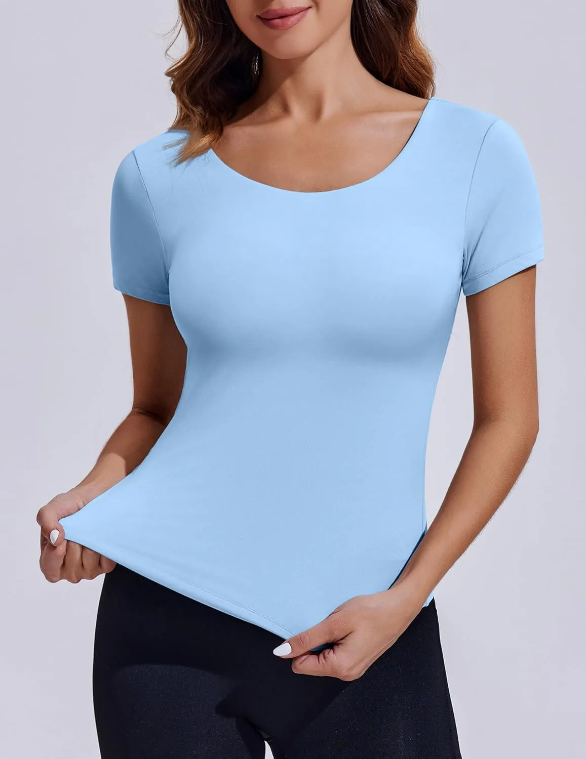 PINSPARK Workout Tops for Women Double Lined Crew Neck Athletic T-Shirts Short Sleeve Tight Basic Tee for Yoga Gym Casual