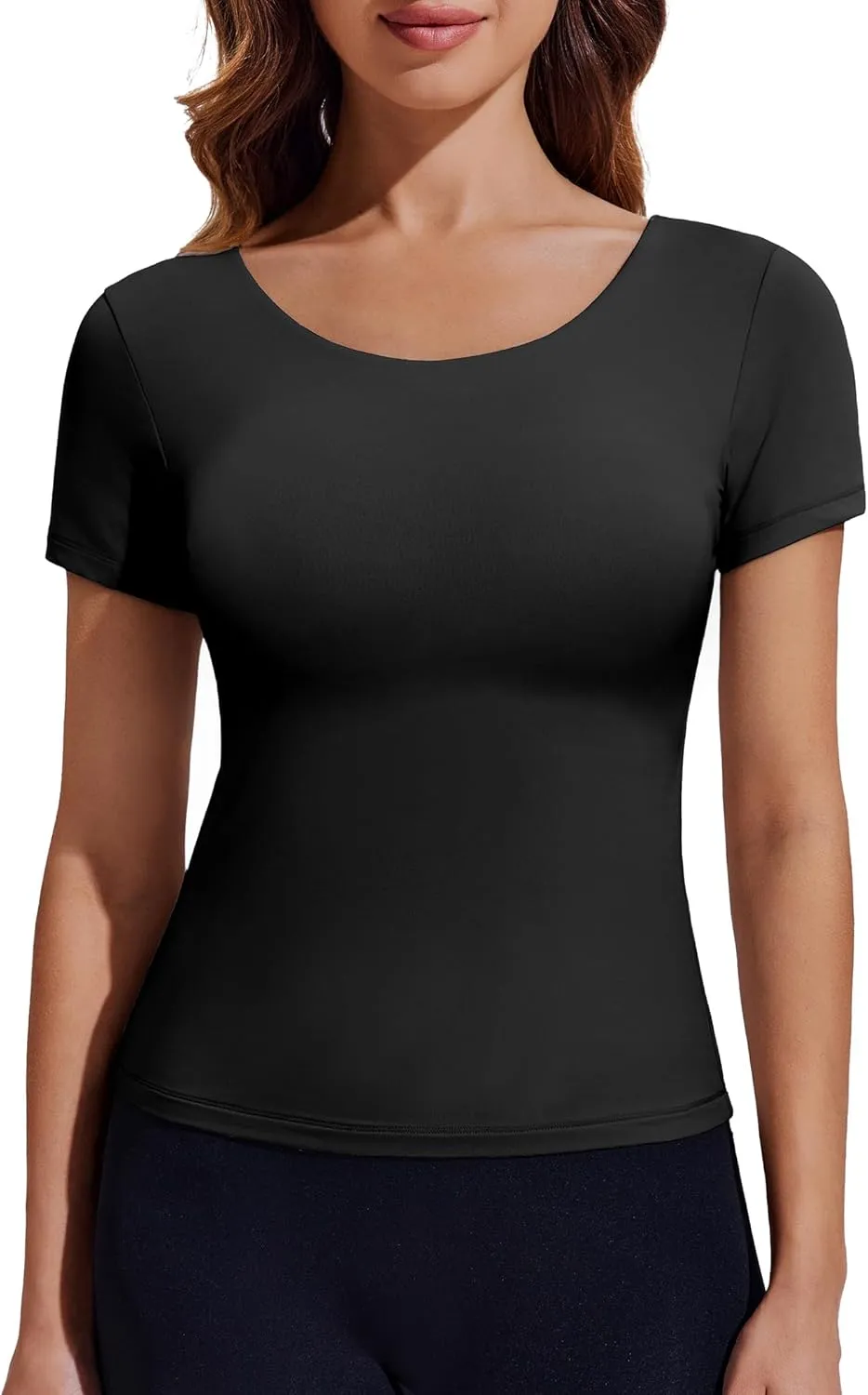 PINSPARK Workout Tops for Women Double Lined Crew Neck Athletic T-Shirts Short Sleeve Tight Basic Tee for Yoga Gym Casual