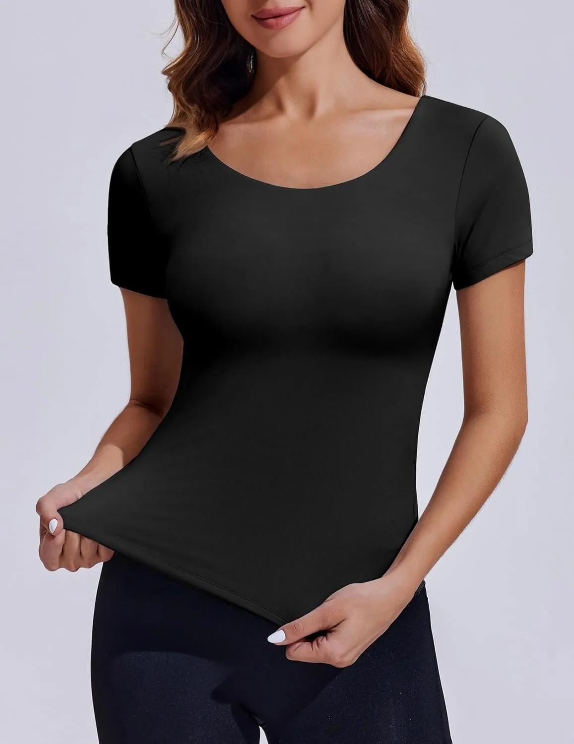 PINSPARK Workout Tops for Women Double Lined Crew Neck Athletic T-Shirts Short Sleeve Tight Basic Tee for Yoga Gym Casual