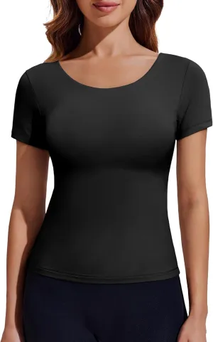 PINSPARK Workout Tops for Women Double Lined Crew Neck Athletic T-Shirts Short Sleeve Tight Basic Tee for Yoga Gym Casual