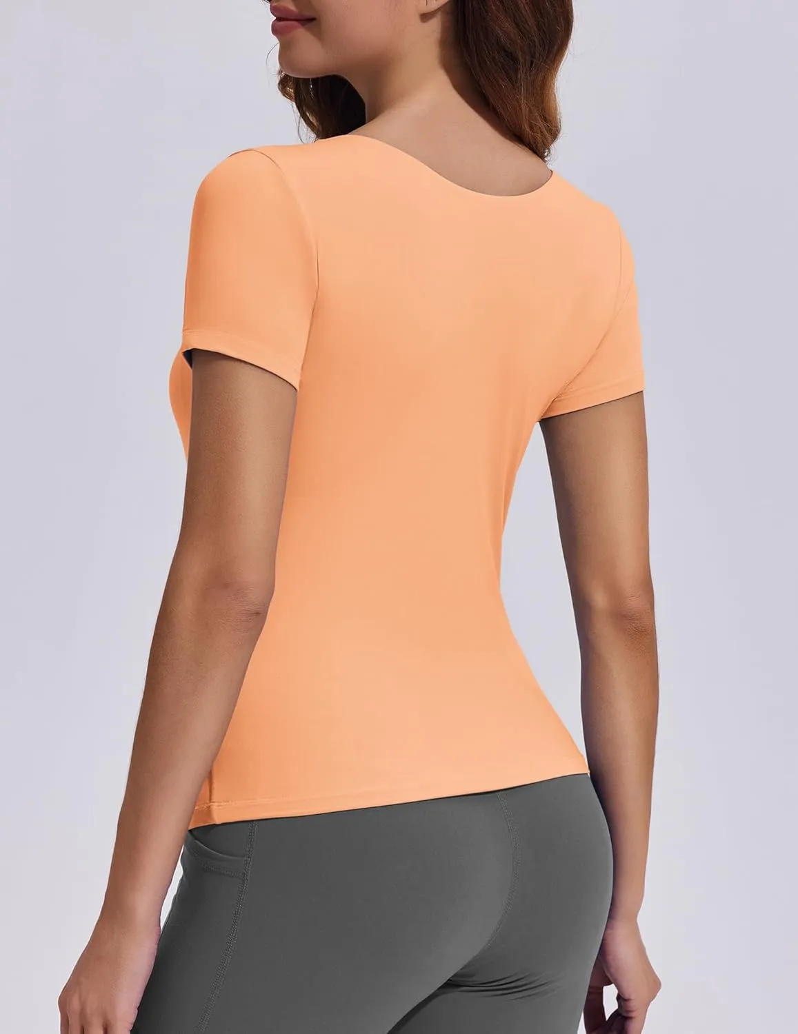 PINSPARK Workout Tops for Women Double Lined Crew Neck Athletic T-Shirts Short Sleeve Tight Basic Tee for Yoga Gym Casual