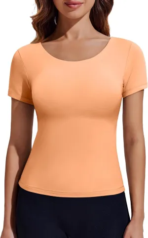 PINSPARK Workout Tops for Women Double Lined Crew Neck Athletic T-Shirts Short Sleeve Tight Basic Tee for Yoga Gym Casual