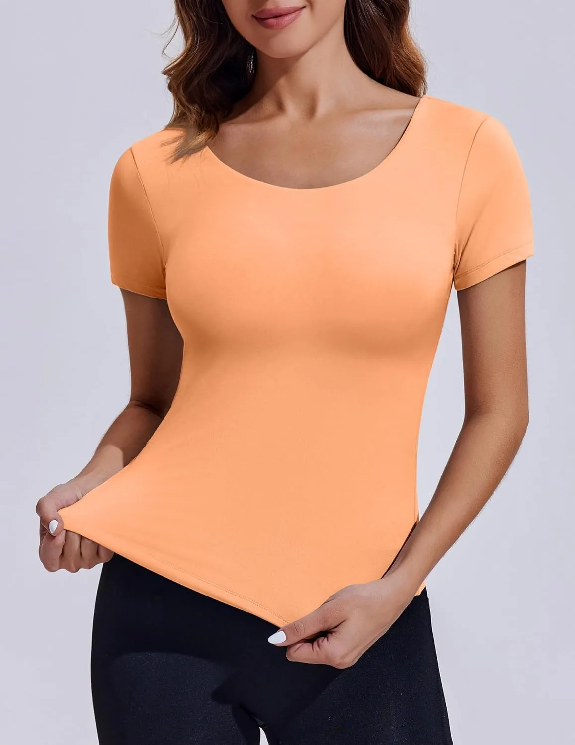 PINSPARK Workout Tops for Women Double Lined Crew Neck Athletic T-Shirts Short Sleeve Tight Basic Tee for Yoga Gym Casual