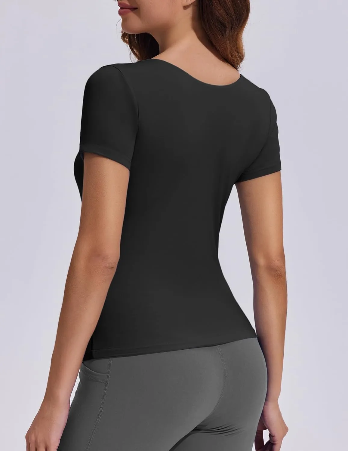 PINSPARK Workout Tops for Women Double Lined Crew Neck Athletic T-Shirts Short Sleeve Tight Basic Tee for Yoga Gym Casual