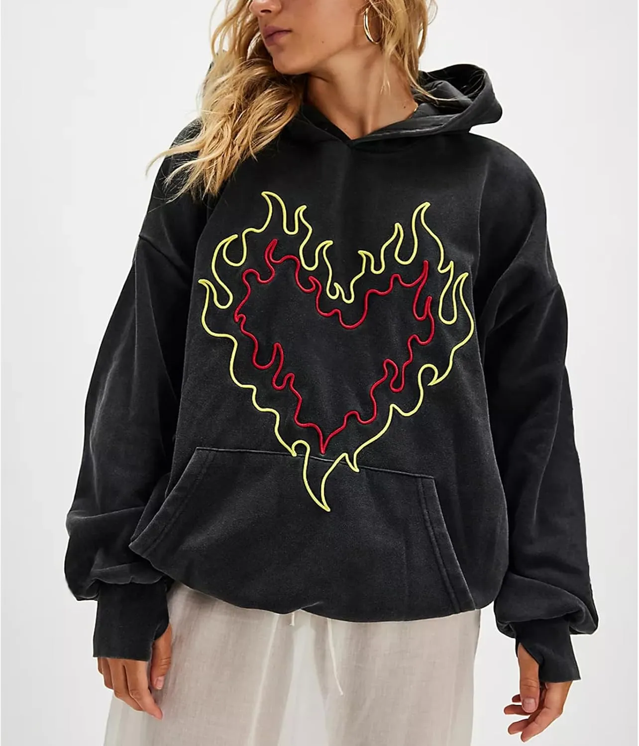 Preppy Embroidered Flower Hoodies for Teen Girl Women Y2K Back Graphic Printed Oversized Pullover Hooded Sweatshirts