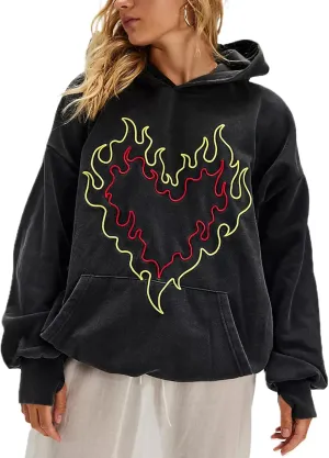 Preppy Embroidered Flower Hoodies for Teen Girl Women Y2K Back Graphic Printed Oversized Pullover Hooded Sweatshirts