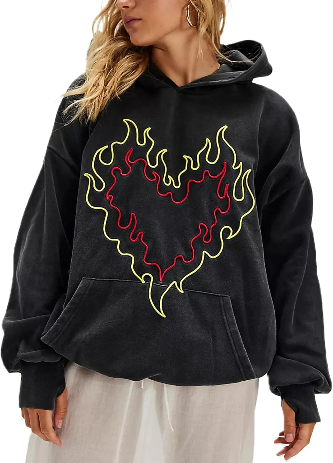 Preppy Embroidered Flower Hoodies for Teen Girl Women Y2K Back Graphic Printed Oversized Pullover Hooded Sweatshirts