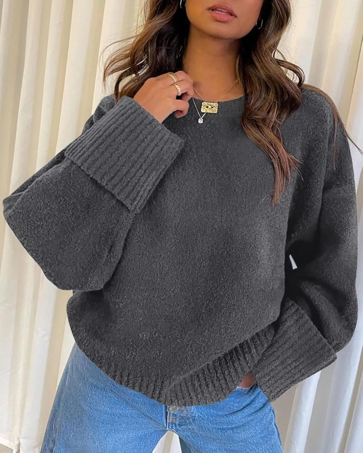 PRETTYGARDEN Women's Fall Oversized Sweaters Casual Crewneck Pullover Long Sleeve Fuzzy Chunky Knit Tops Blouse