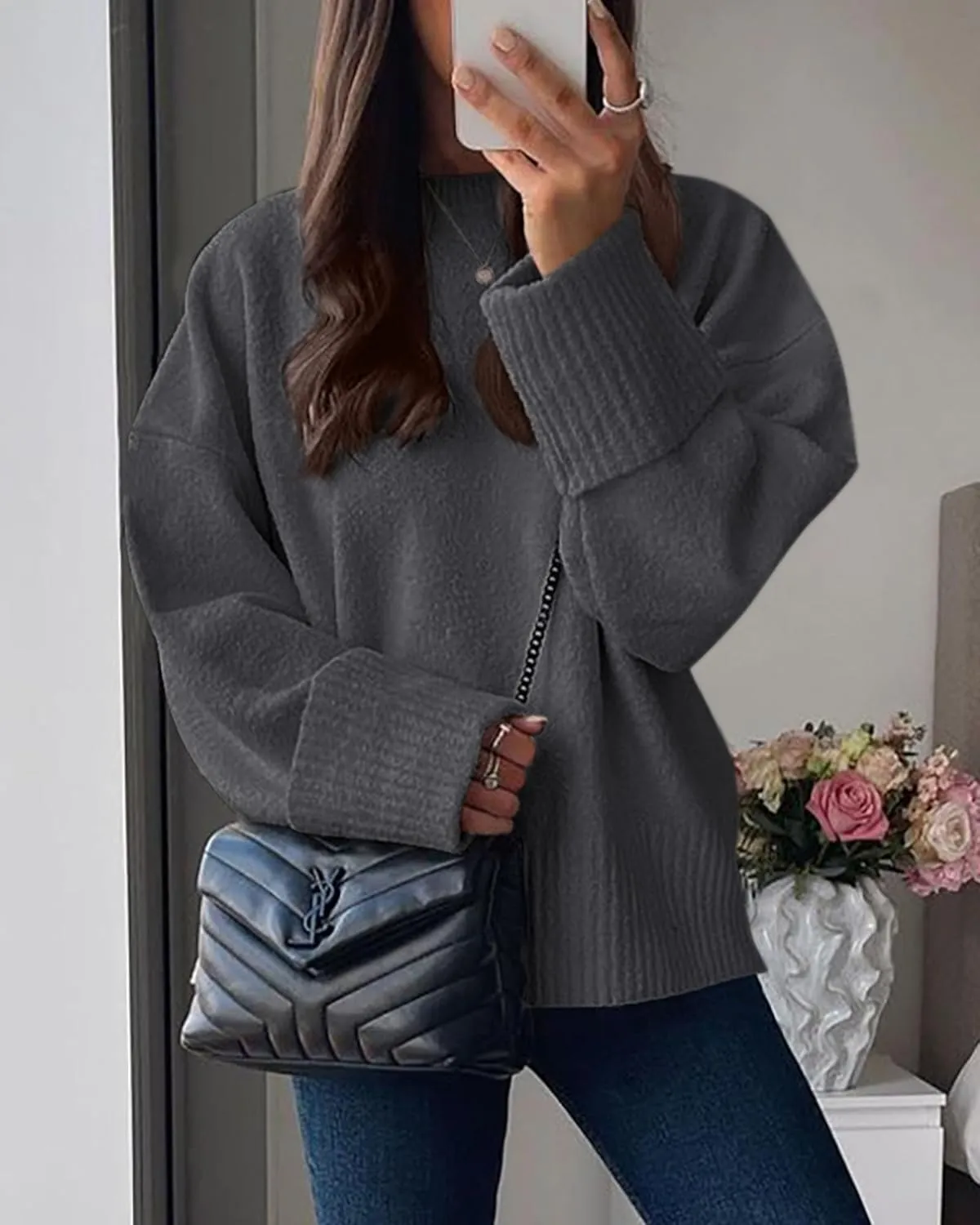PRETTYGARDEN Women's Fall Oversized Sweaters Casual Crewneck Pullover Long Sleeve Fuzzy Chunky Knit Tops Blouse