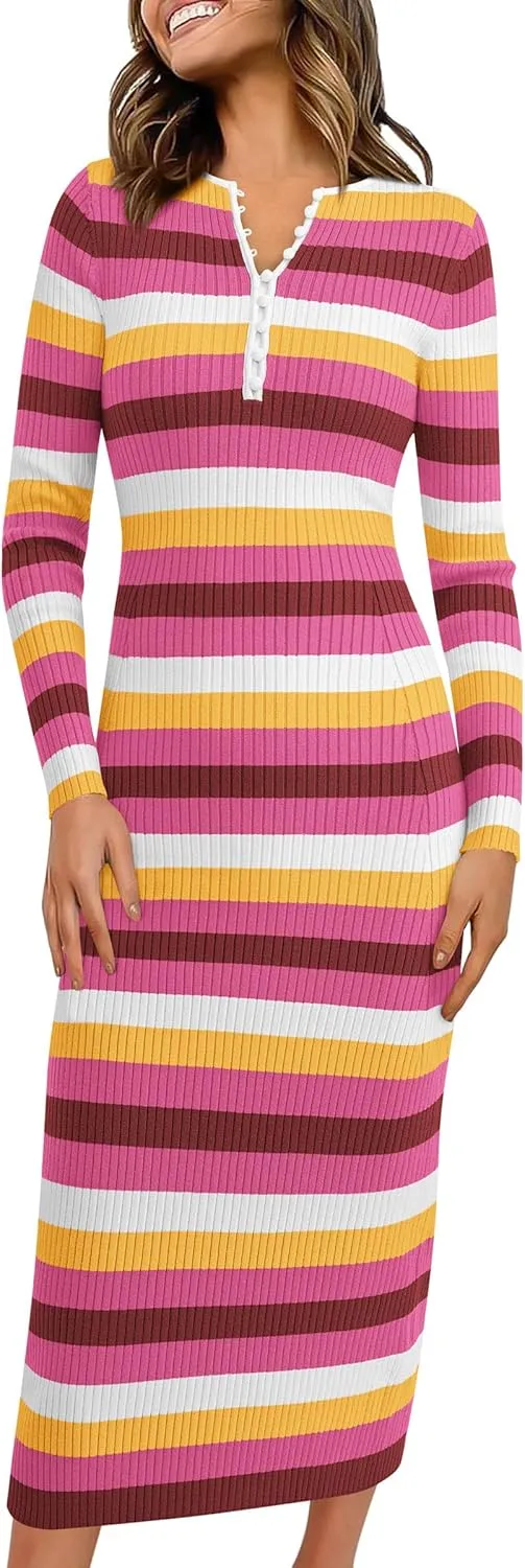 PRETTYGARDEN Women's Striped Spring Midi Sweater Dress Fall Long Sleeve Button Up V Neck Knit Bodycon Vacation Party Dresses