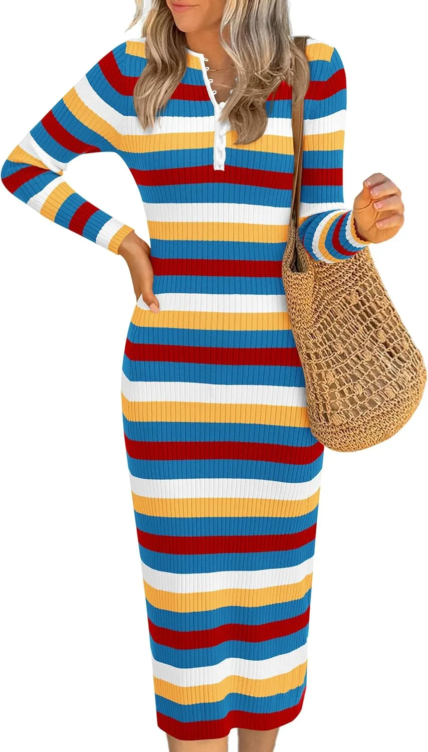PRETTYGARDEN Women's Striped Spring Midi Sweater Dress Fall Long Sleeve Button Up V Neck Knit Bodycon Vacation Party Dresses