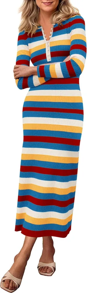 PRETTYGARDEN Women's Striped Spring Midi Sweater Dress Fall Long Sleeve Button Up V Neck Knit Bodycon Vacation Party Dresses
