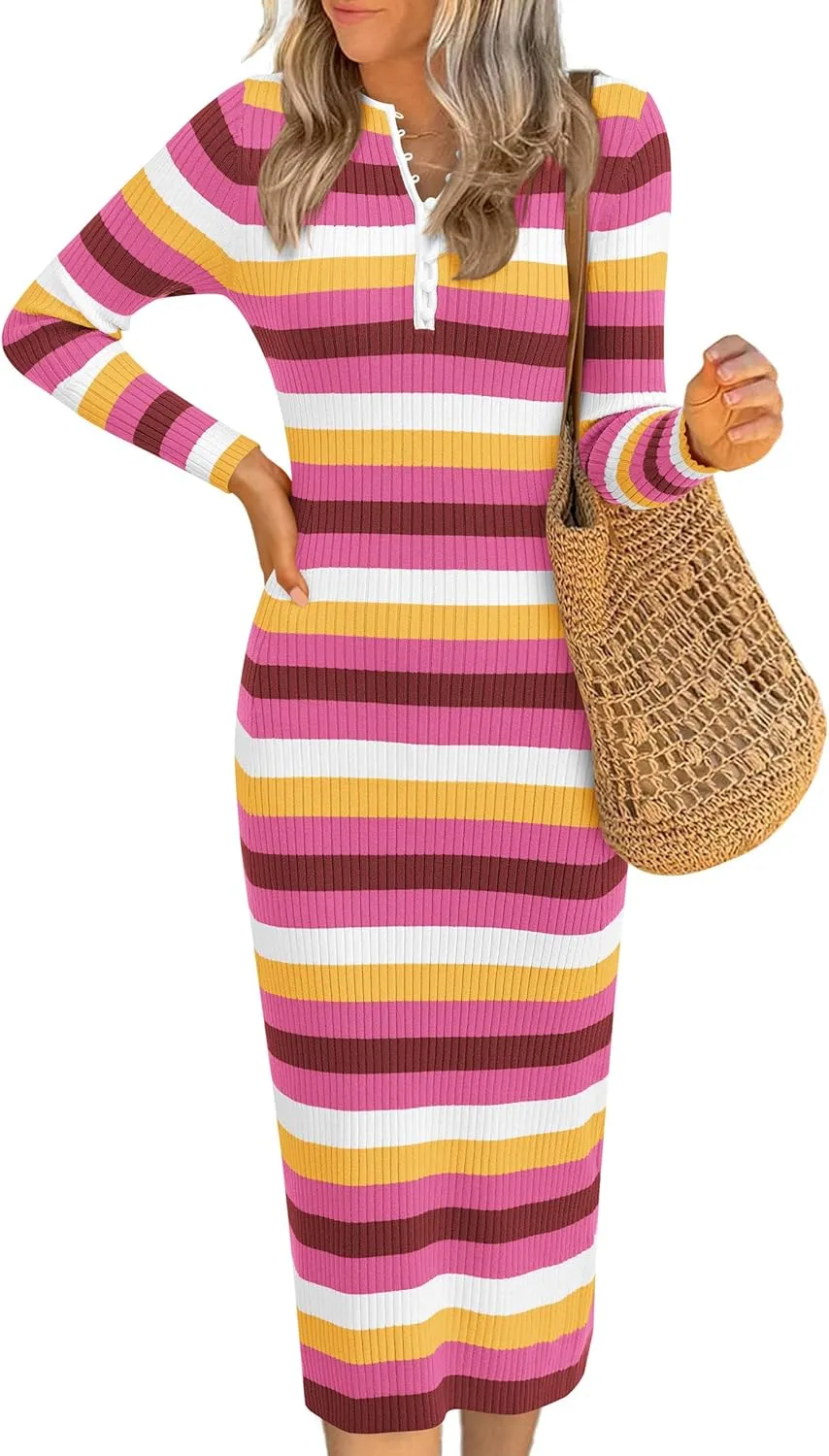 PRETTYGARDEN Women's Striped Spring Midi Sweater Dress Fall Long Sleeve Button Up V Neck Knit Bodycon Vacation Party Dresses