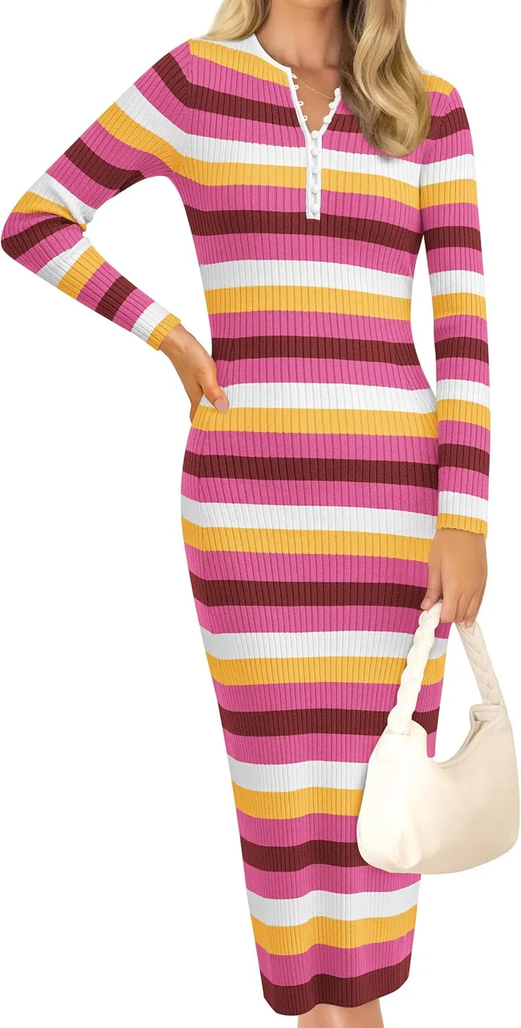 PRETTYGARDEN Women's Striped Spring Midi Sweater Dress Fall Long Sleeve Button Up V Neck Knit Bodycon Vacation Party Dresses