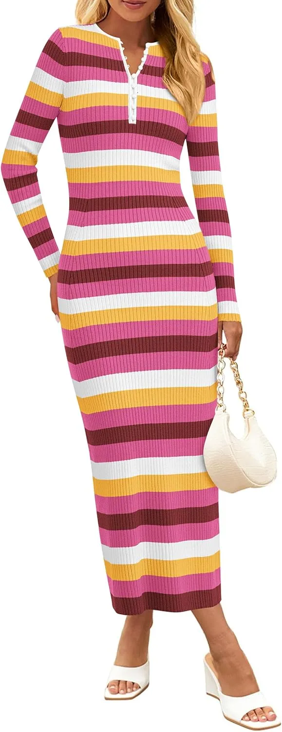 PRETTYGARDEN Women's Striped Spring Midi Sweater Dress Fall Long Sleeve Button Up V Neck Knit Bodycon Vacation Party Dresses