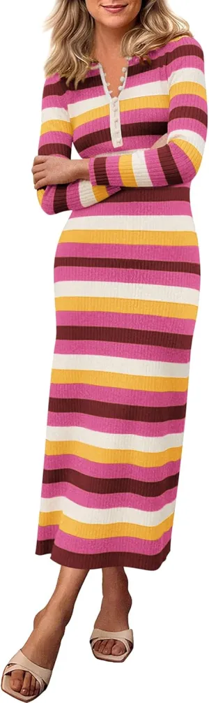 PRETTYGARDEN Women's Striped Spring Midi Sweater Dress Fall Long Sleeve Button Up V Neck Knit Bodycon Vacation Party Dresses