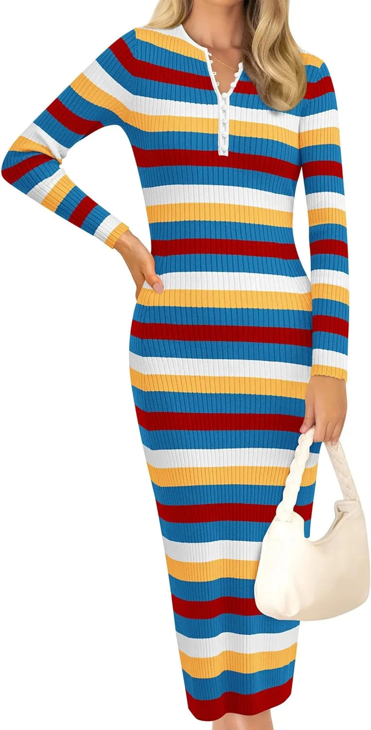 PRETTYGARDEN Women's Striped Spring Midi Sweater Dress Fall Long Sleeve Button Up V Neck Knit Bodycon Vacation Party Dresses