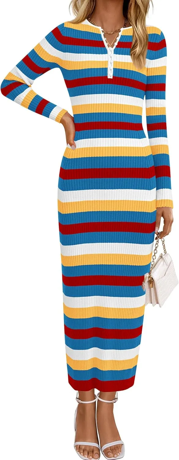 PRETTYGARDEN Women's Striped Spring Midi Sweater Dress Fall Long Sleeve Button Up V Neck Knit Bodycon Vacation Party Dresses
