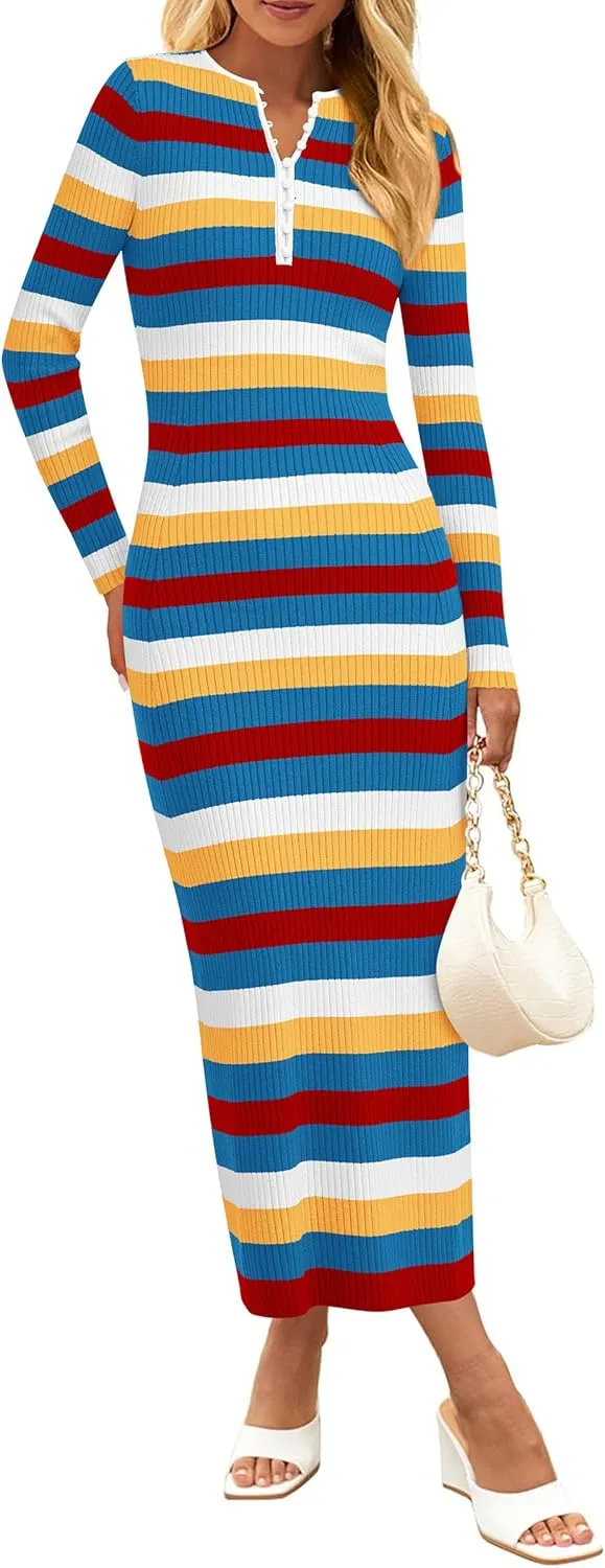 PRETTYGARDEN Women's Striped Spring Midi Sweater Dress Fall Long Sleeve Button Up V Neck Knit Bodycon Vacation Party Dresses