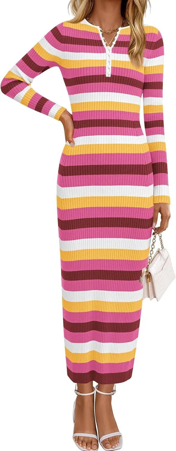 PRETTYGARDEN Women's Striped Spring Midi Sweater Dress Fall Long Sleeve Button Up V Neck Knit Bodycon Vacation Party Dresses