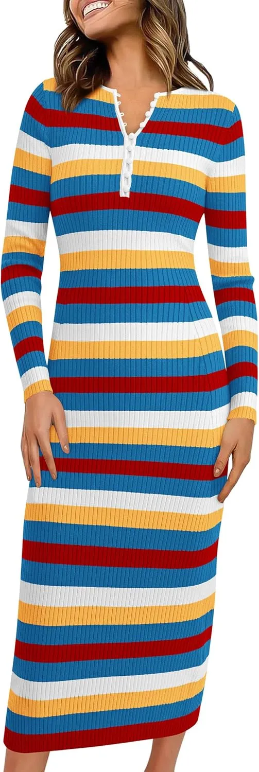 PRETTYGARDEN Women's Striped Spring Midi Sweater Dress Fall Long Sleeve Button Up V Neck Knit Bodycon Vacation Party Dresses