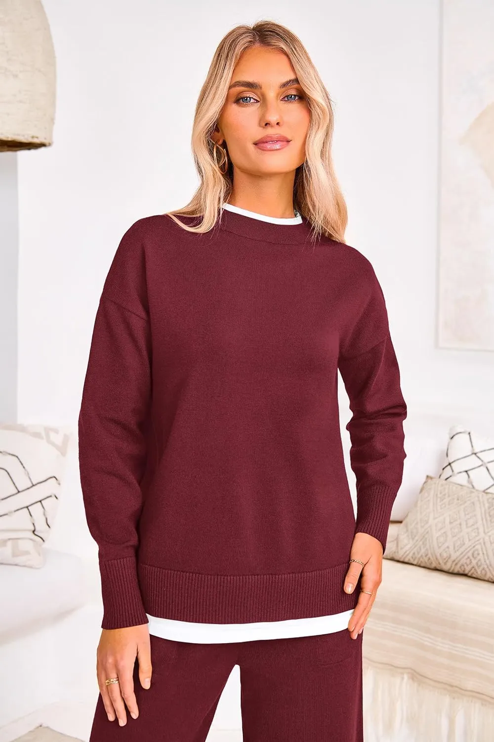 PRETTYGARDEN Women's Winter Two Piece Matching Sweater Lounge Sets Knit Long Sleeve Pullover Tops Wide Leg Pants Tracksuits