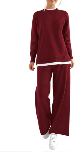 PRETTYGARDEN Women's Winter Two Piece Matching Sweater Lounge Sets Knit Long Sleeve Pullover Tops Wide Leg Pants Tracksuits
