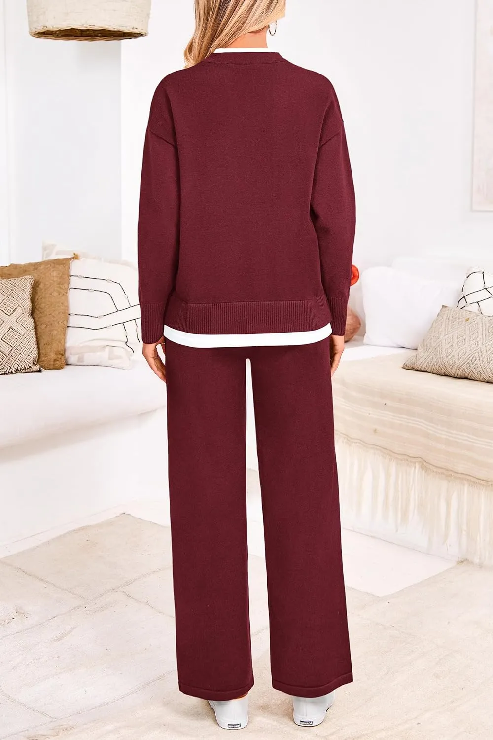 PRETTYGARDEN Women's Winter Two Piece Matching Sweater Lounge Sets Knit Long Sleeve Pullover Tops Wide Leg Pants Tracksuits
