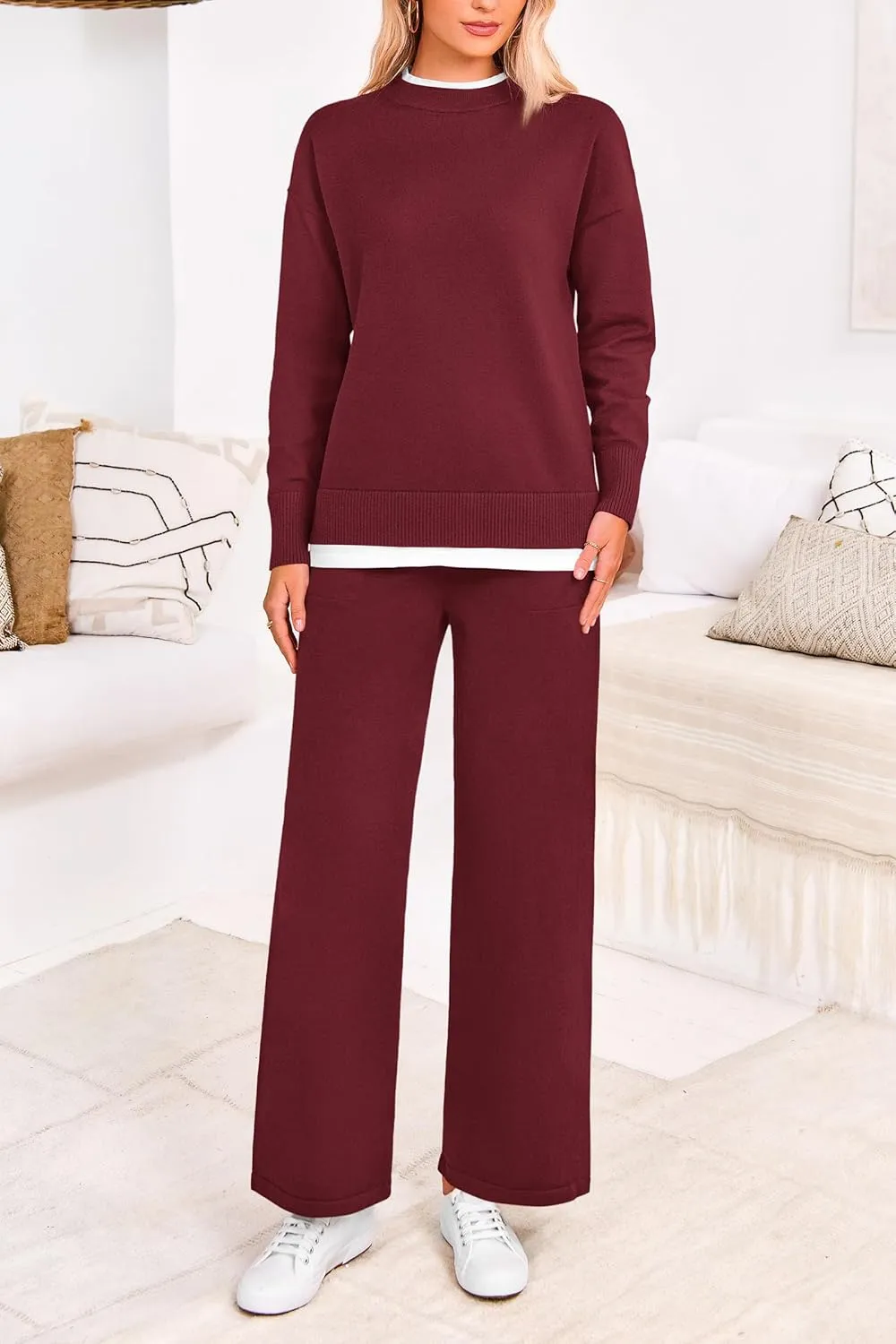 PRETTYGARDEN Women's Winter Two Piece Matching Sweater Lounge Sets Knit Long Sleeve Pullover Tops Wide Leg Pants Tracksuits
