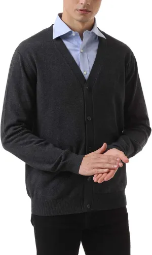QUALFORT Men's 100% Cotton Cardigan Sweater Casual V-Neck Button Down Knitted Outerwear with Pockets