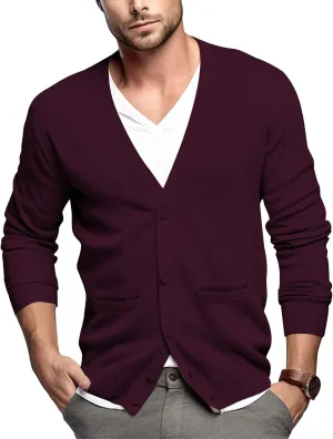 QUALFORT Men's 100% Cotton Cardigan Sweater Casual V-Neck Button Down Knitted Outerwear with Pockets