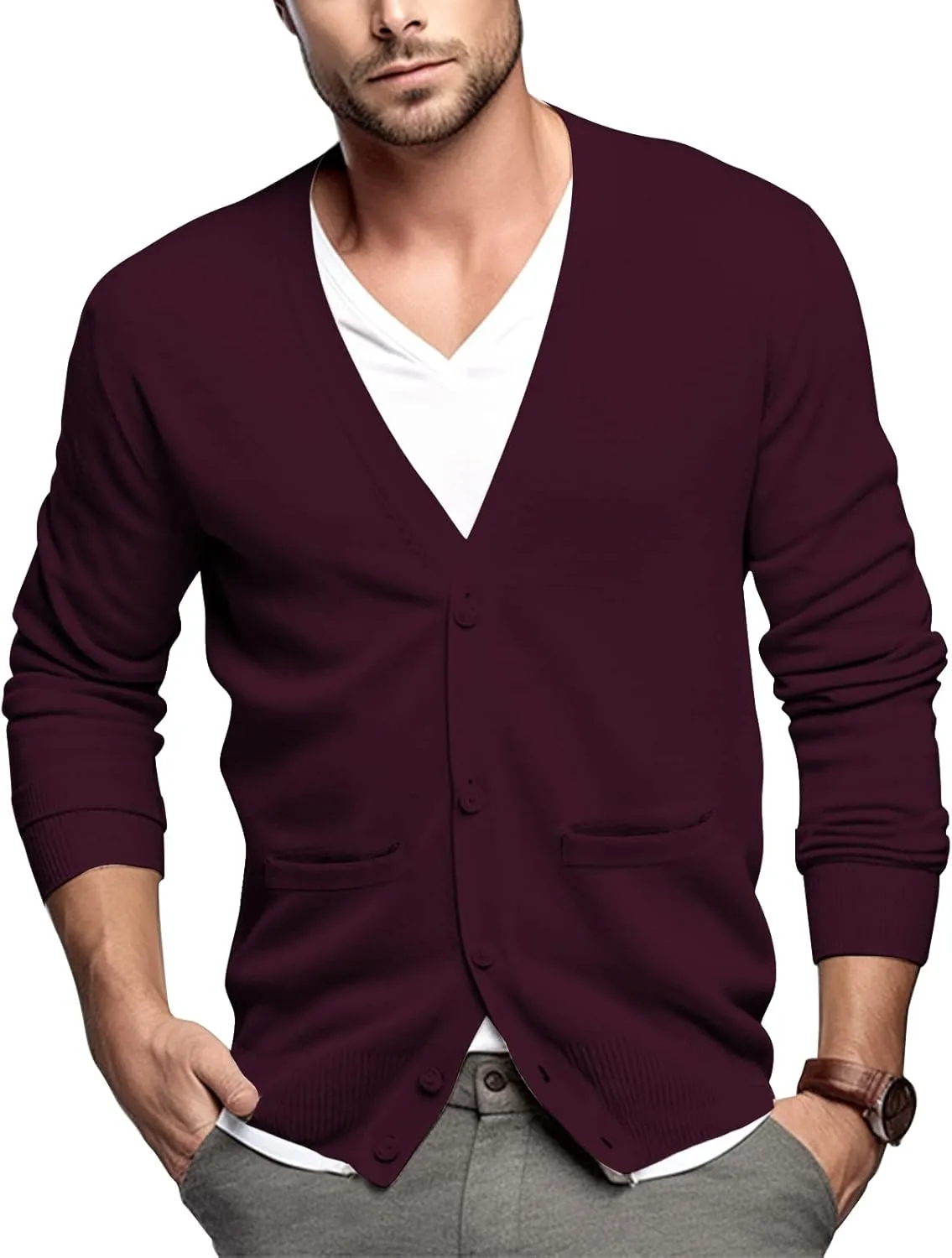 QUALFORT Men's 100% Cotton Cardigan Sweater Casual V-Neck Button Down Knitted Outerwear with Pockets