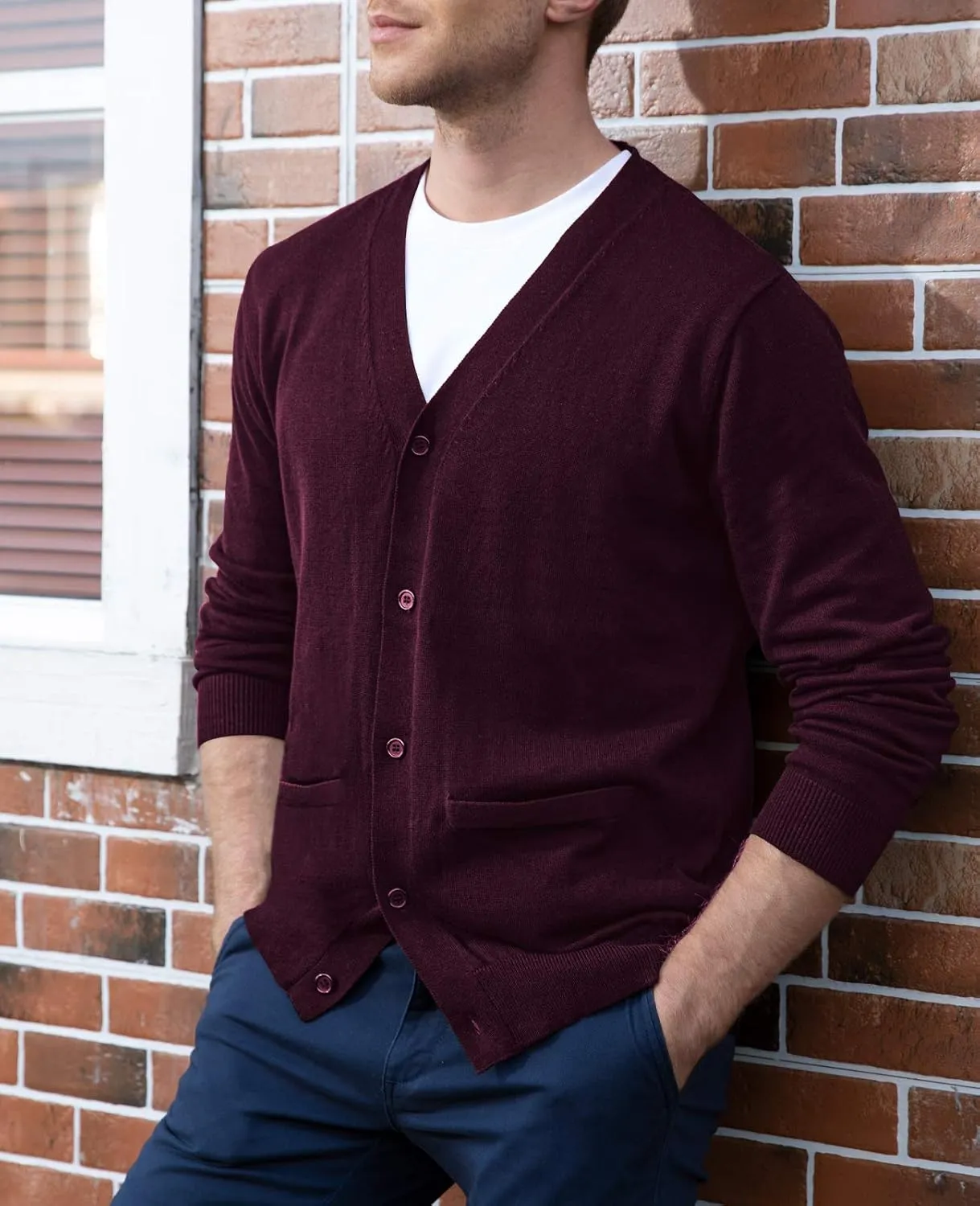 QUALFORT Men's 100% Cotton Cardigan Sweater Casual V-Neck Button Down Knitted Outerwear with Pockets