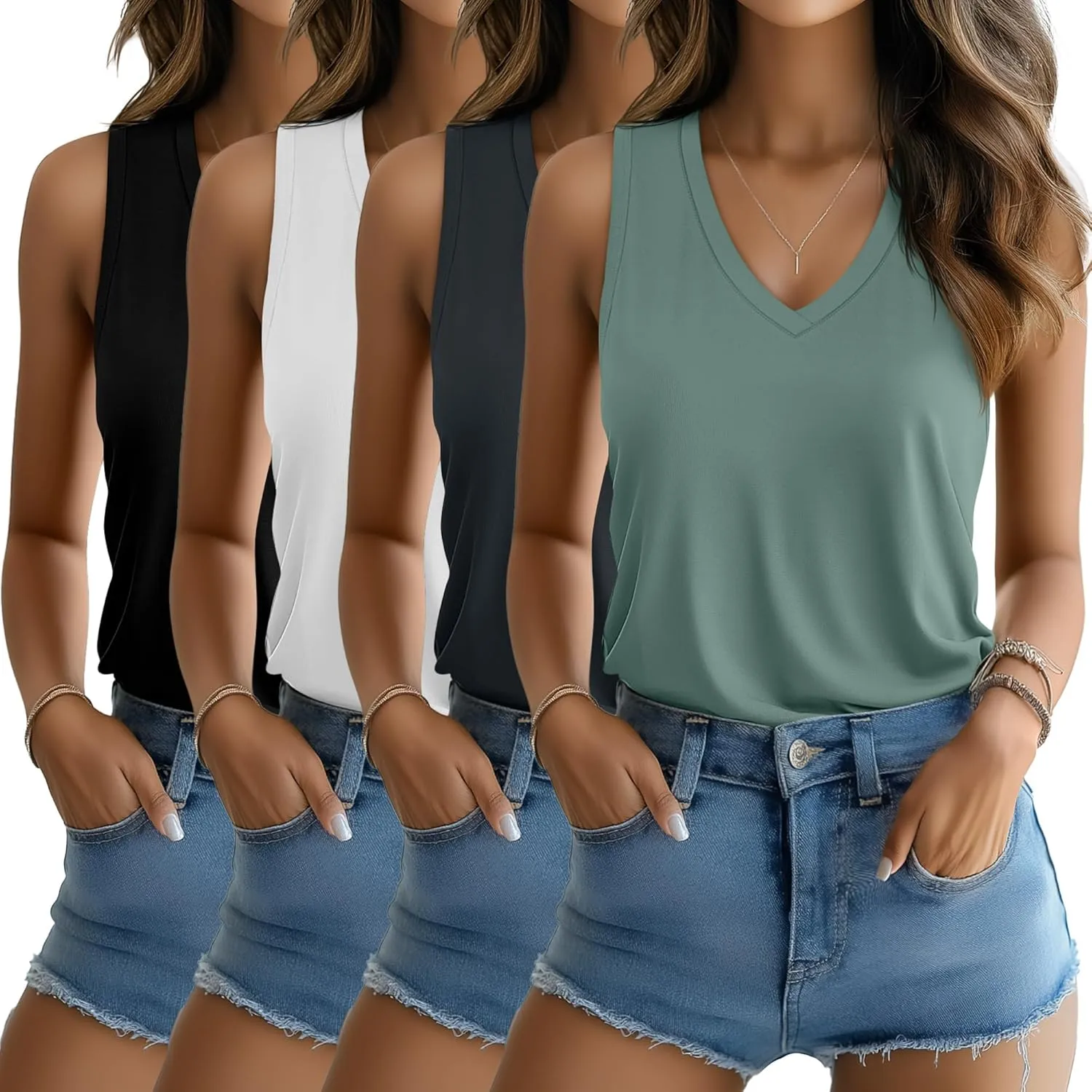Riyiper 4 Pack Women's Tank Tops 2025 V Neck Shirts Casual Sleeveless Loose Fit Cotton Summer Basic Tee