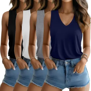 Riyiper 4 Pack Women's Tank Tops 2025 V Neck Shirts Casual Sleeveless Loose Fit Cotton Summer Basic Tee