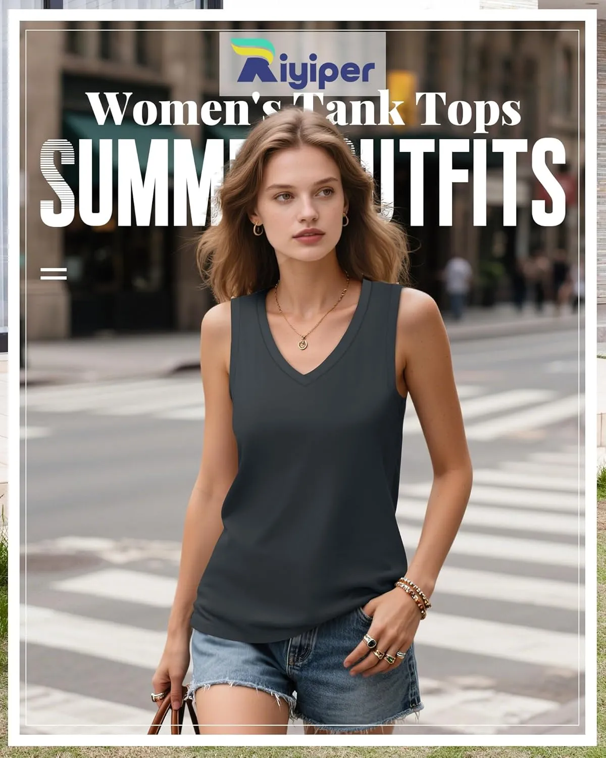 Riyiper 4 Pack Women's Tank Tops 2025 V Neck Shirts Casual Sleeveless Loose Fit Cotton Summer Basic Tee