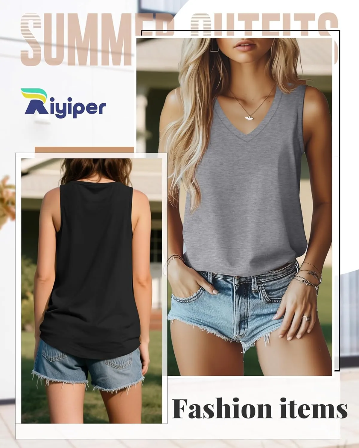 Riyiper 4 Pack Women's Tank Tops 2025 V Neck Shirts Casual Sleeveless Loose Fit Cotton Summer Basic Tee