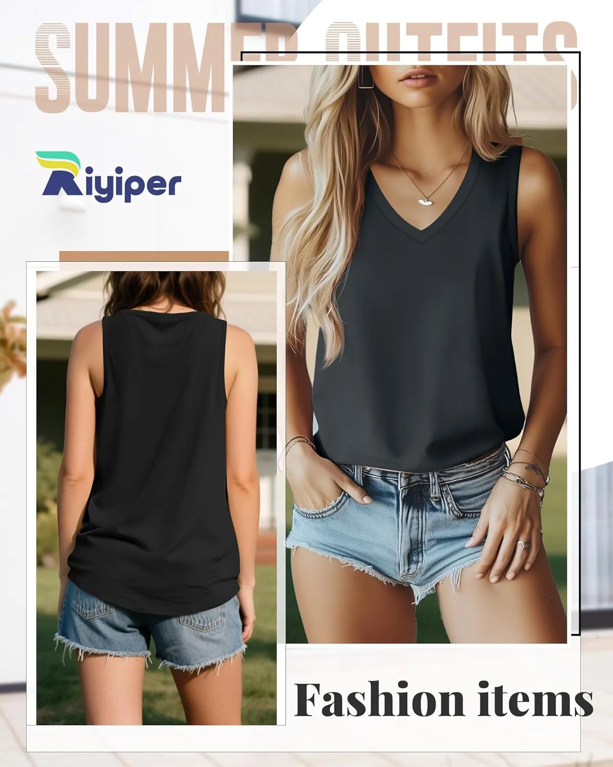 Riyiper 4 Pack Women's Tank Tops 2025 V Neck Shirts Casual Sleeveless Loose Fit Cotton Summer Basic Tee