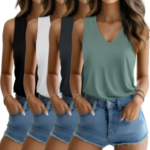 Riyiper 4 Pack Women's Tank Tops 2025 V Neck Shirts Casual Sleeveless Loose Fit Cotton Summer Basic Tee