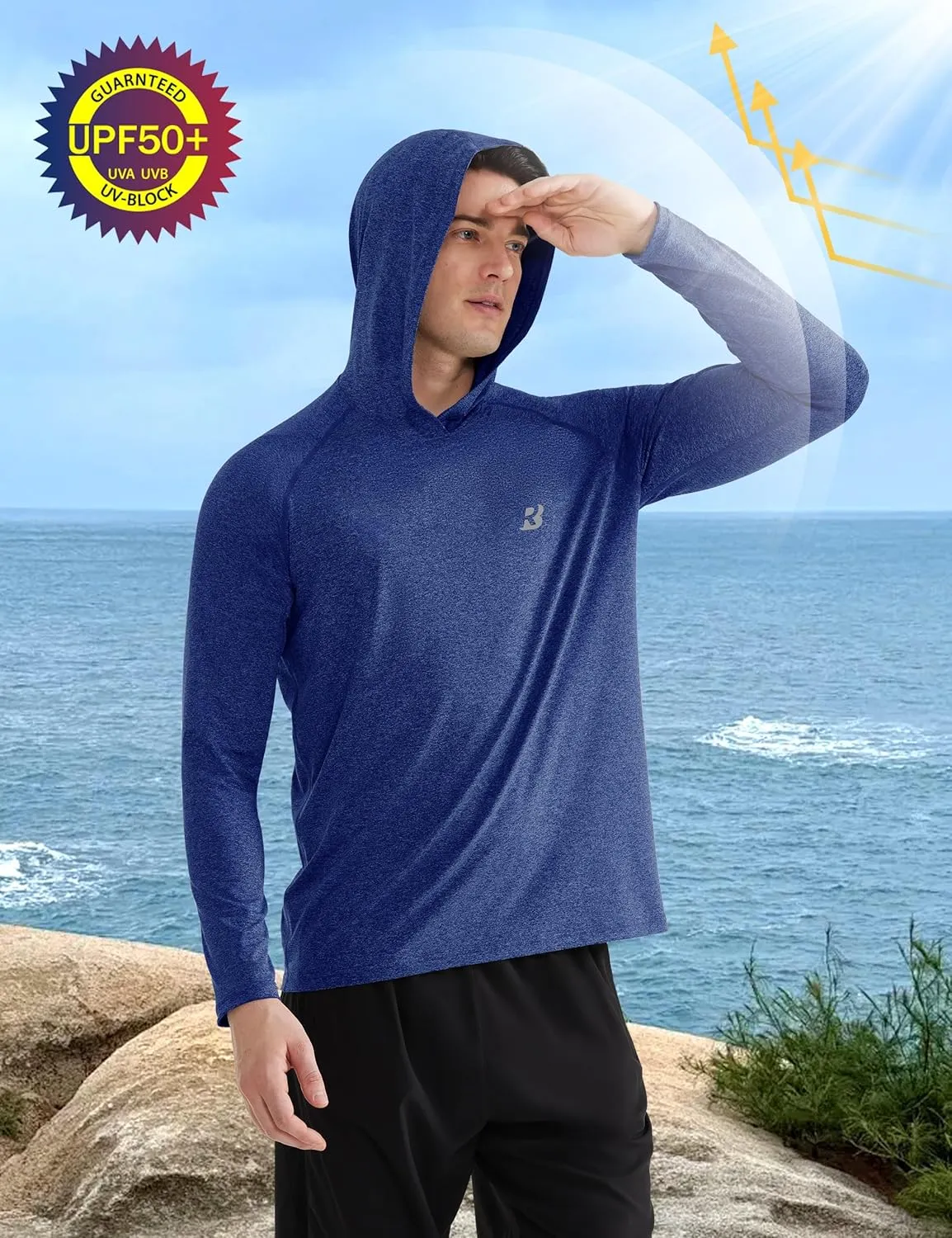 Roadbox Men's UPF 50  Fishing Shirts, Long Sleeve UV Sun Protection SPF Hoodie, Quick Dry Swim Rash Guard for Outdoor Hiking