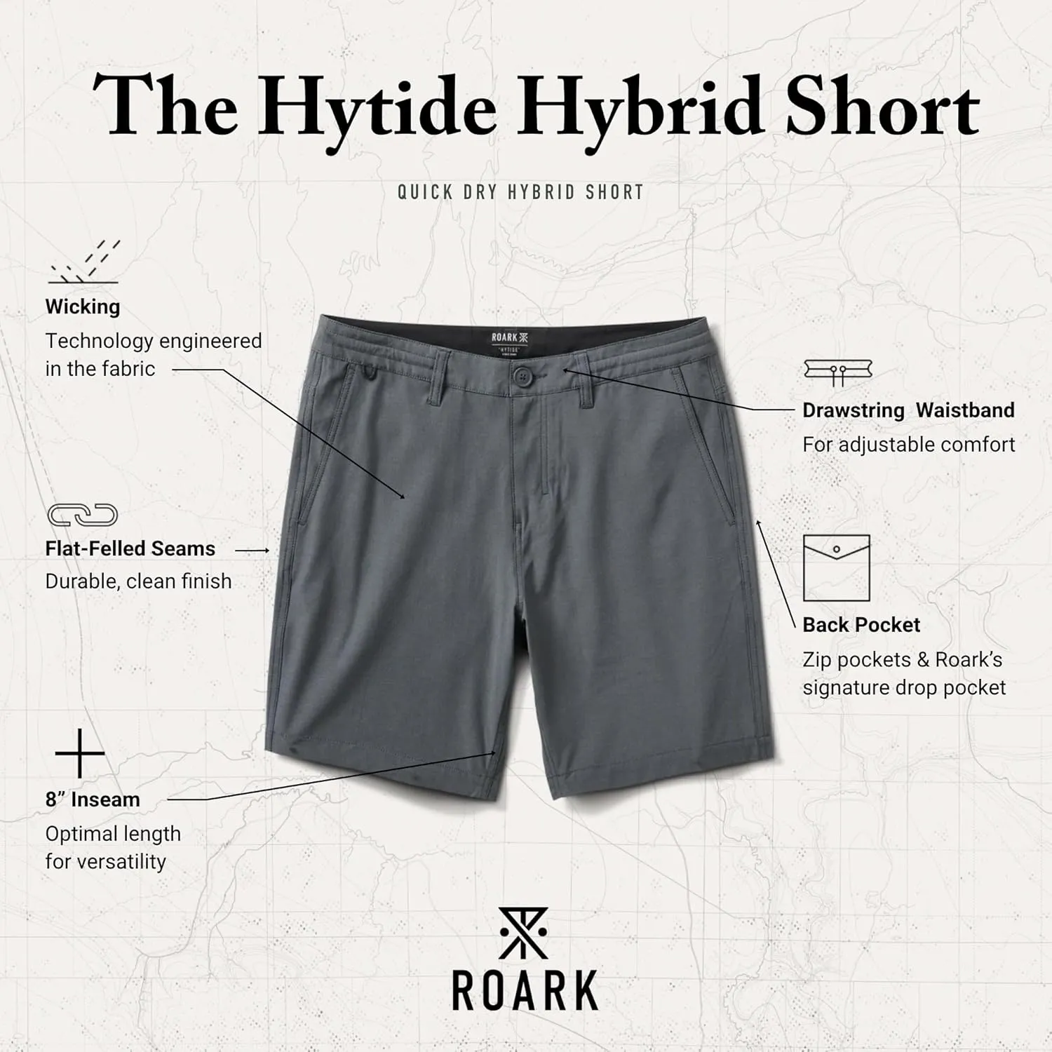 Roark Hytide Mens Hybrid Shorts 8"  Quick-Dry, 4-Way Stretch, Travel, Hiking, Golf & Casual Outdoor Shorts for Men