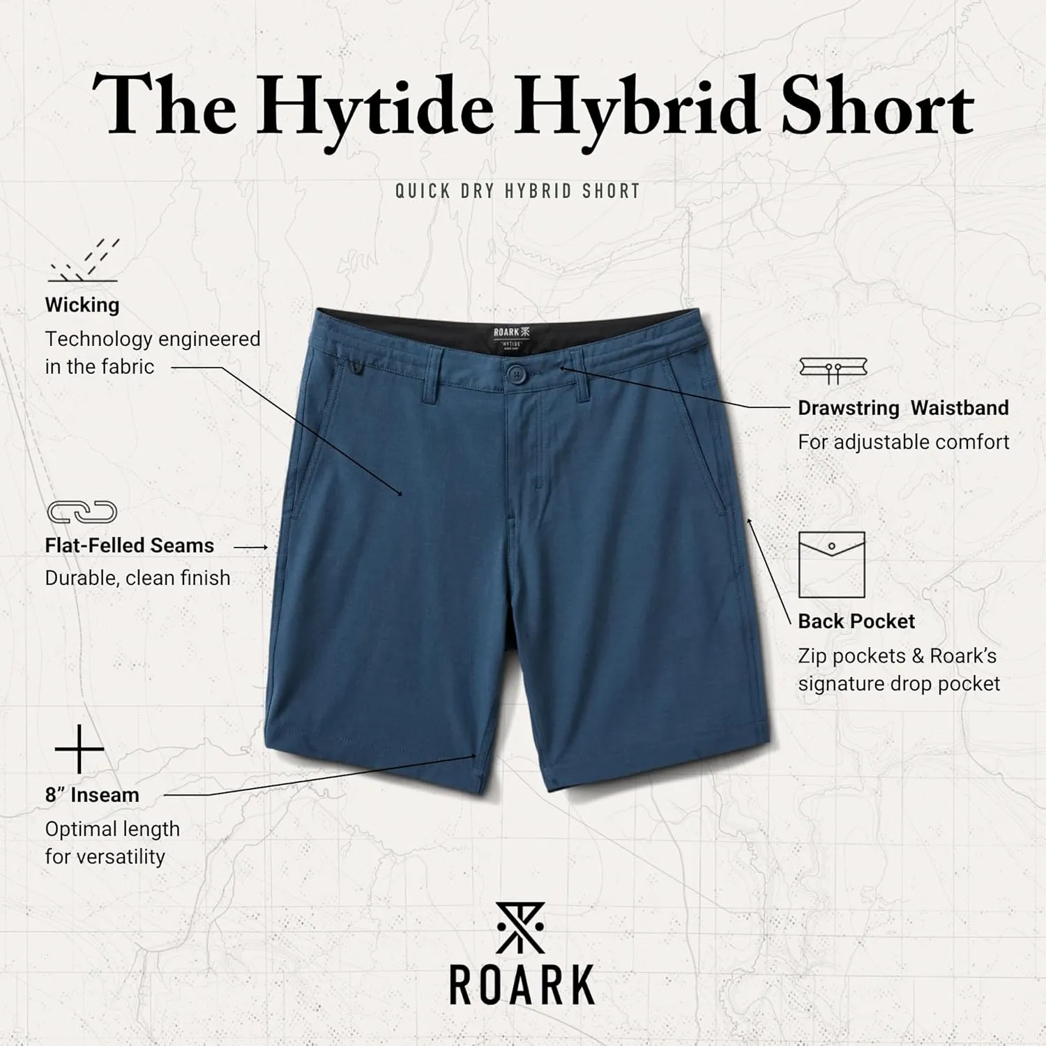Roark Hytide Mens Hybrid Shorts 8"  Quick-Dry, 4-Way Stretch, Travel, Hiking, Golf & Casual Outdoor Shorts for Men