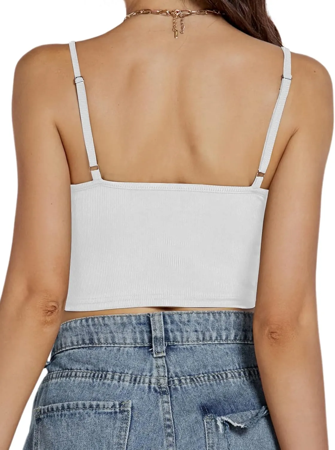 Rooscier Women's Fringe Trim Spaghetti Strap Sleeveless Ribbed Sexy Cami Crop Top Vest