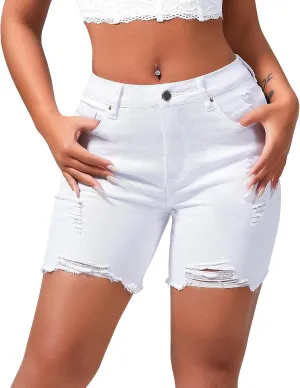 roswear Womens Casual Summer Ripped High Waisted Denim Shorts Stretch Distressed Frayed Raw Hem Jean Shorts