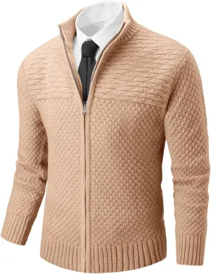 Runcati Mens Zip Up Cardigan Sweater Casual Stand Collar Textured Knit Ribbed Chunky Sweaters