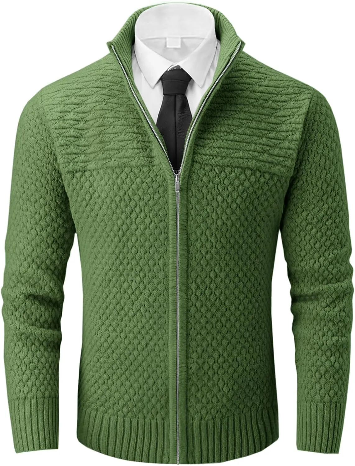 Runcati Mens Zip Up Cardigan Sweater Casual Stand Collar Textured Knit Ribbed Chunky Sweaters